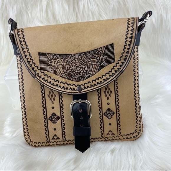 NEW RAW LEATHER MEXICAN CROSSBODY BAG - Picture 1 of 14